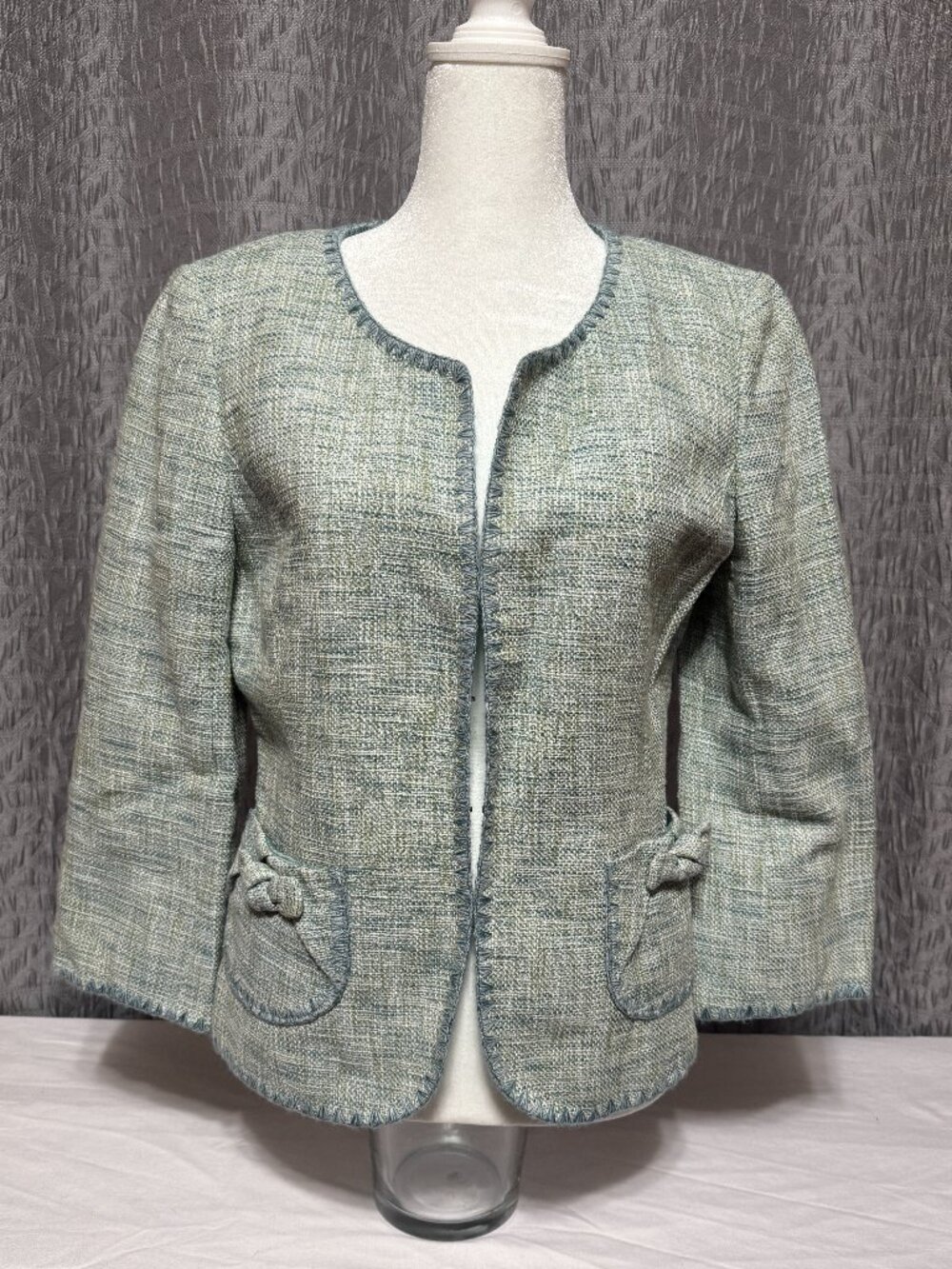 Ann Taylor Women's Sage Green Tweed Blanket Stitch Bow Blazer Jacket Size 4